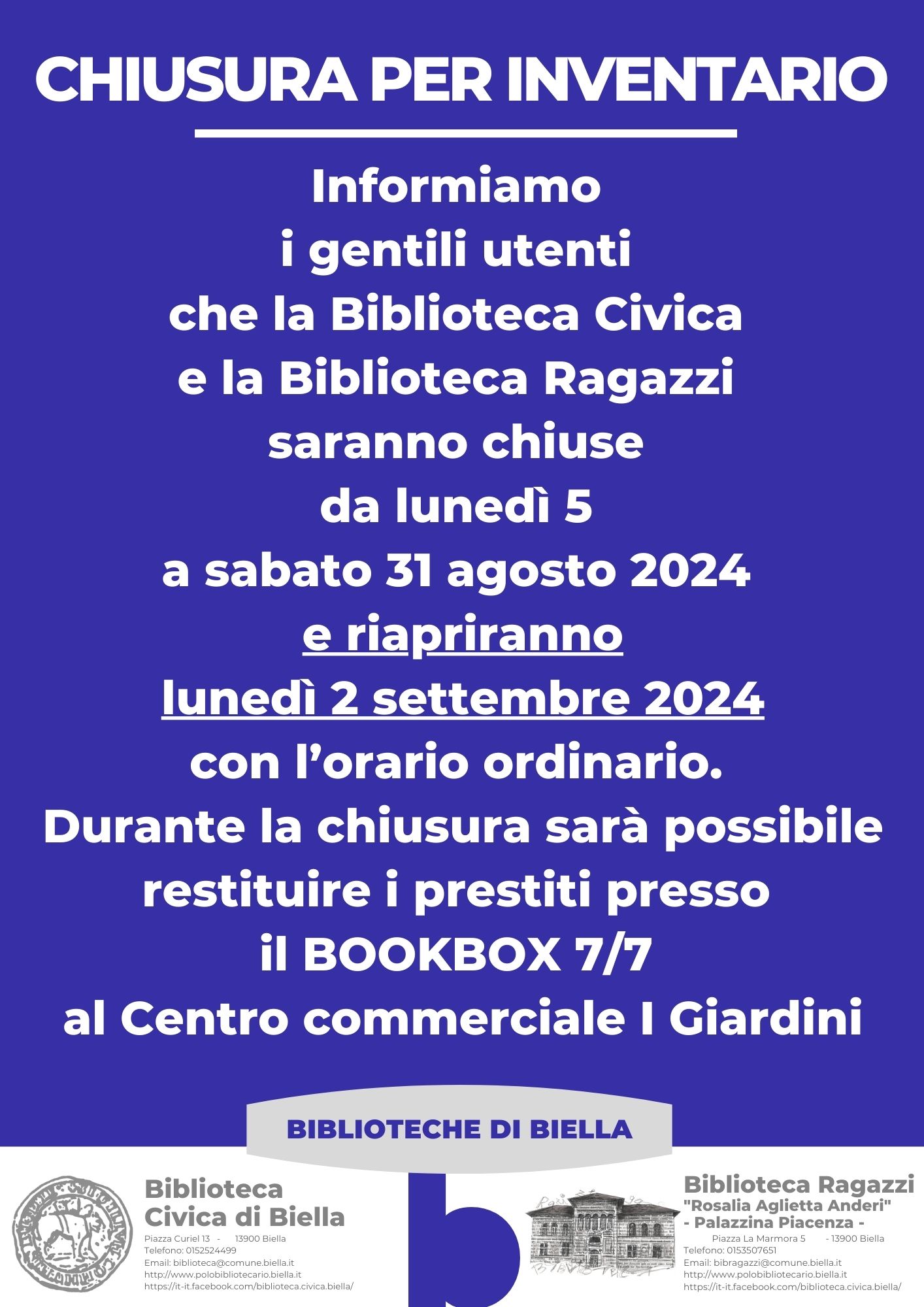 BIBLIOTECA CIVICA E BIBLIOTECA RAGAZZI - CHIUSURA PER INVENTARIO