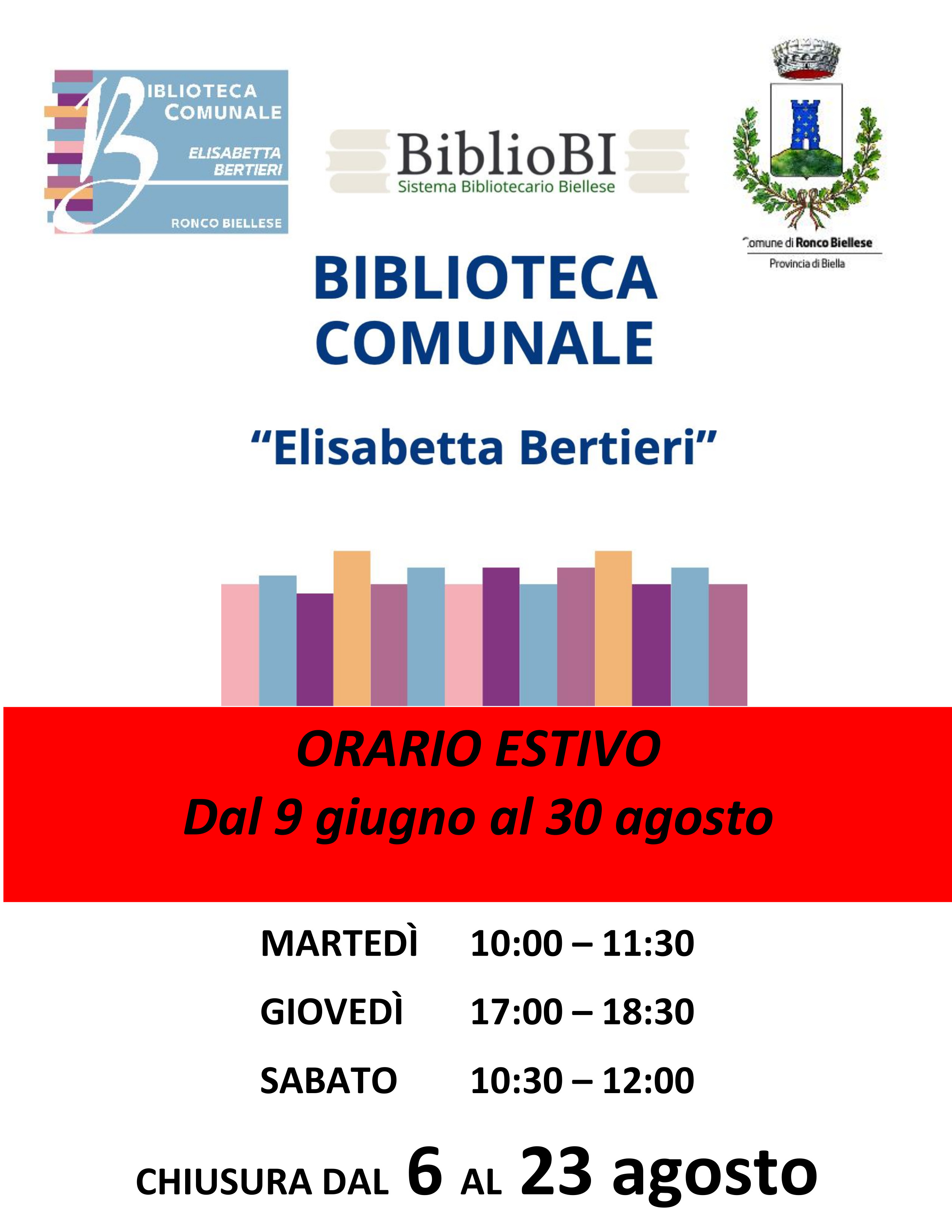 Biblioteca Comunale di Ronco Biellese -  Orario estivo