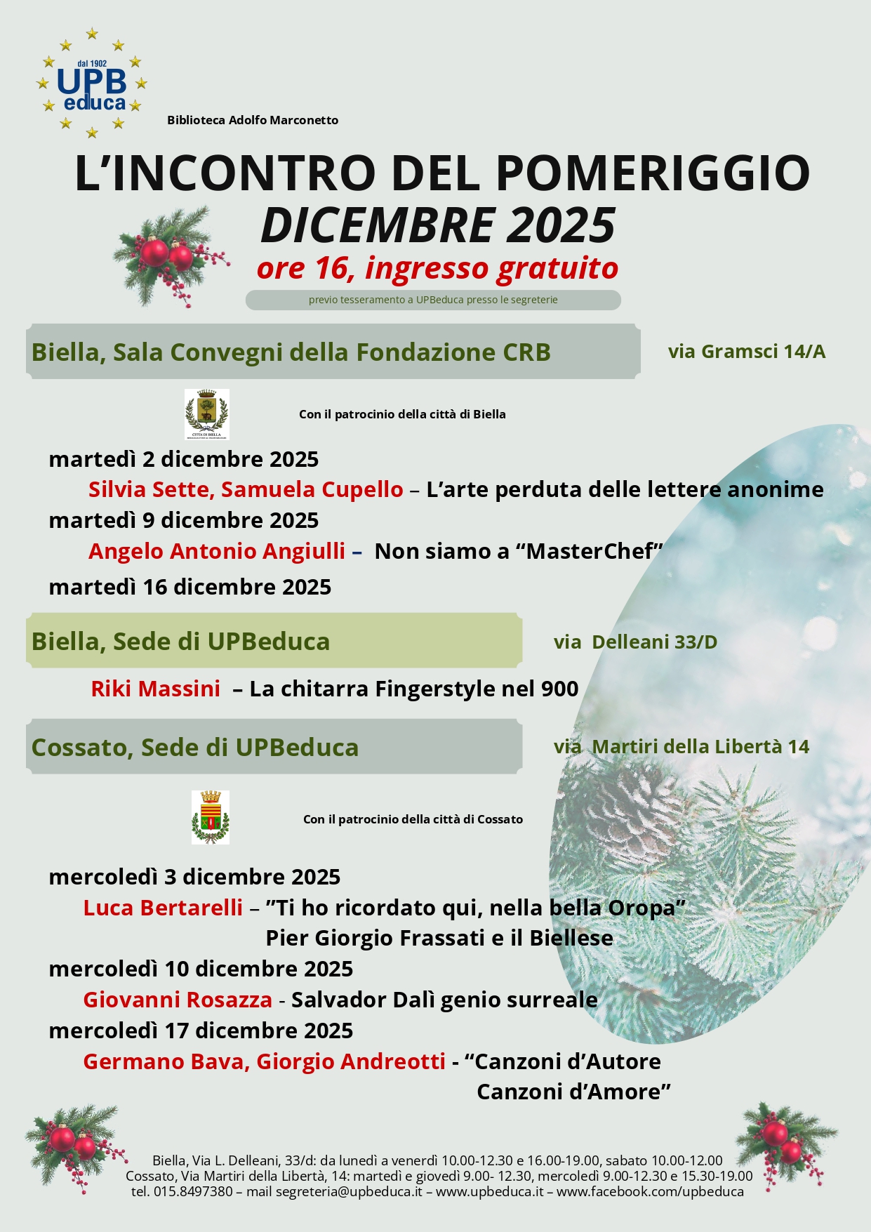 UPB - Gli Incontri del Pomeriggio di dicembre