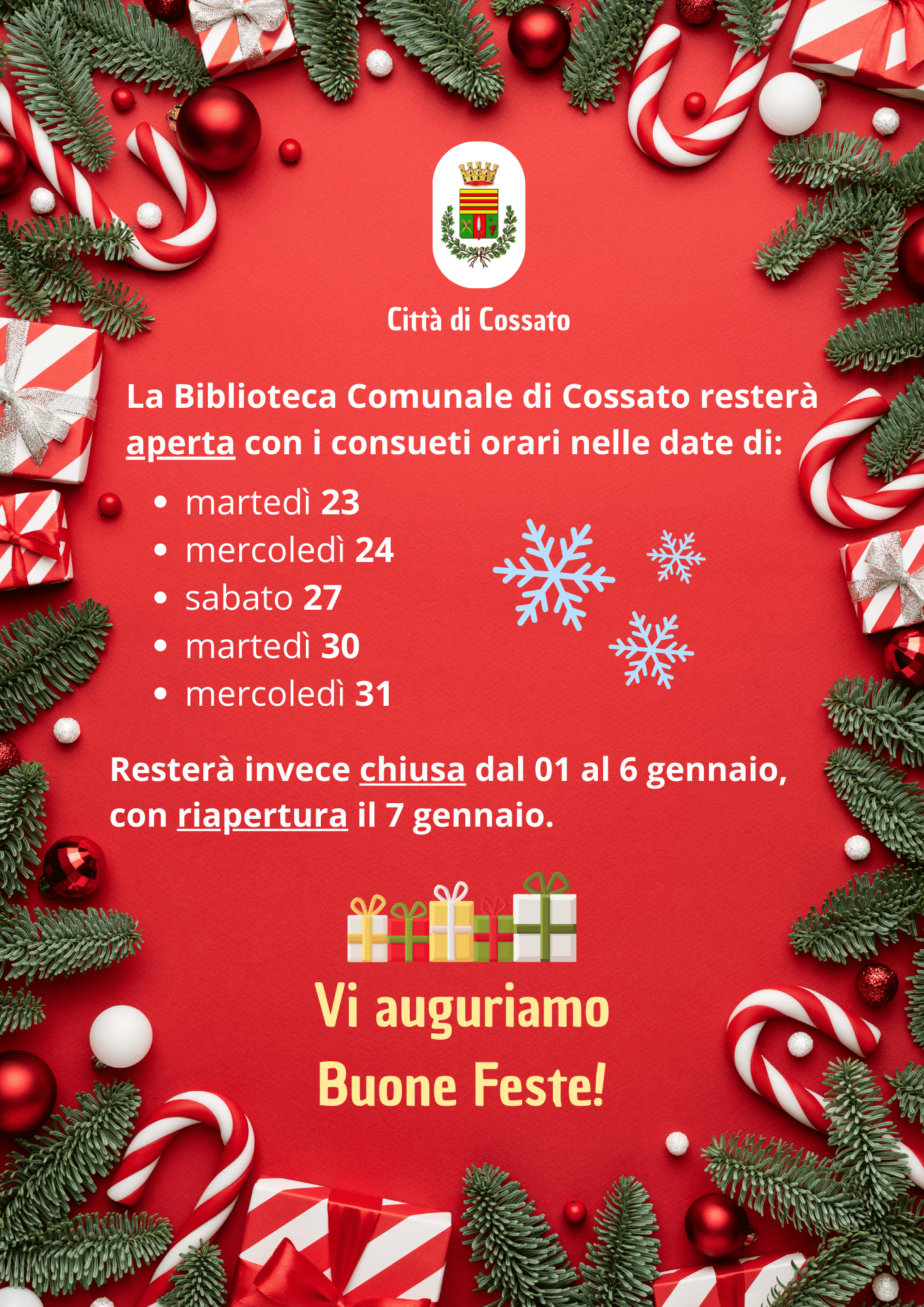 Biblioteca di Cossato - orari durante le festivit&agrave; natalizie