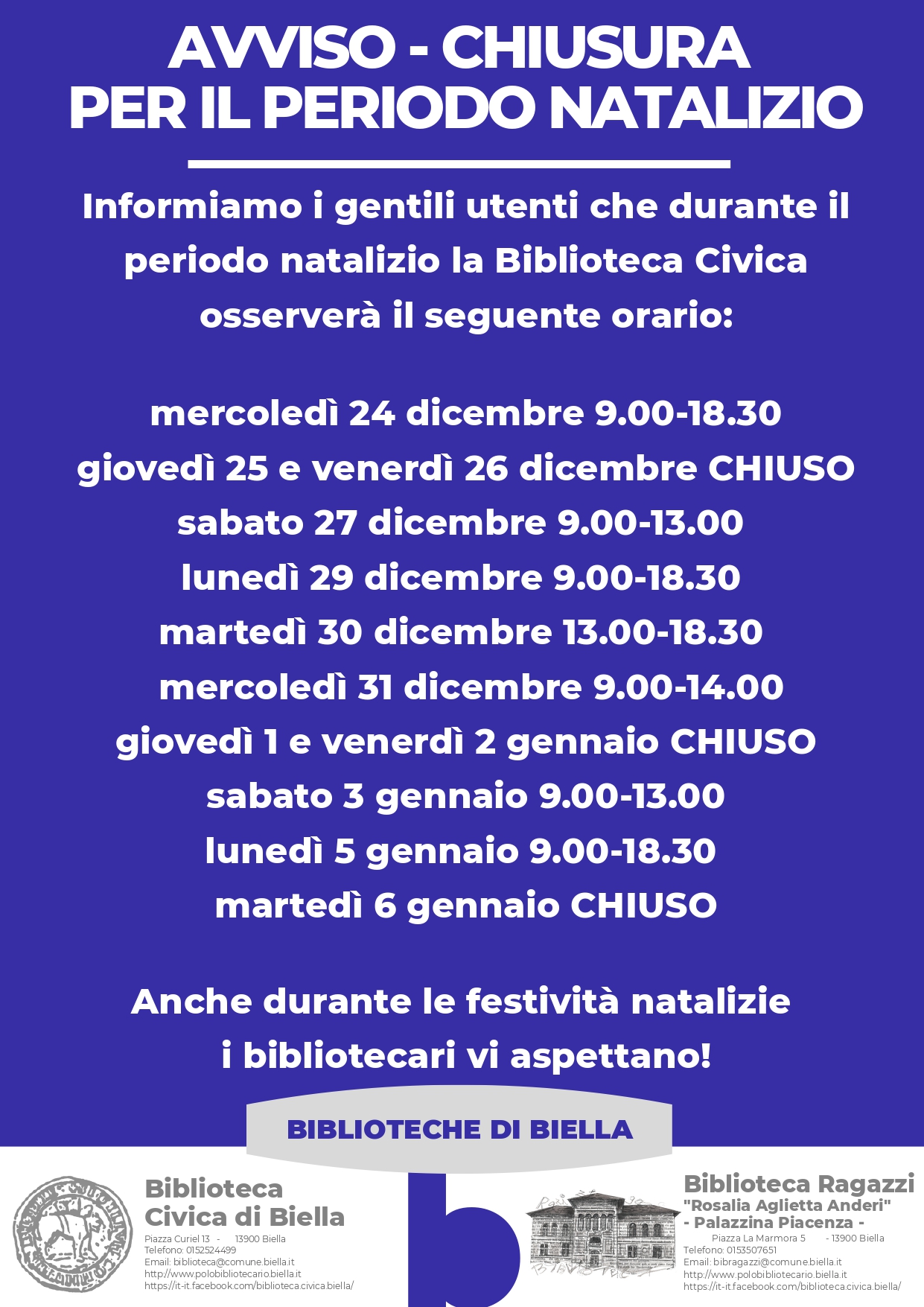 Biblioteca Civica "Alfredo Frassati" di Biella - Orari nel periodo natalizio