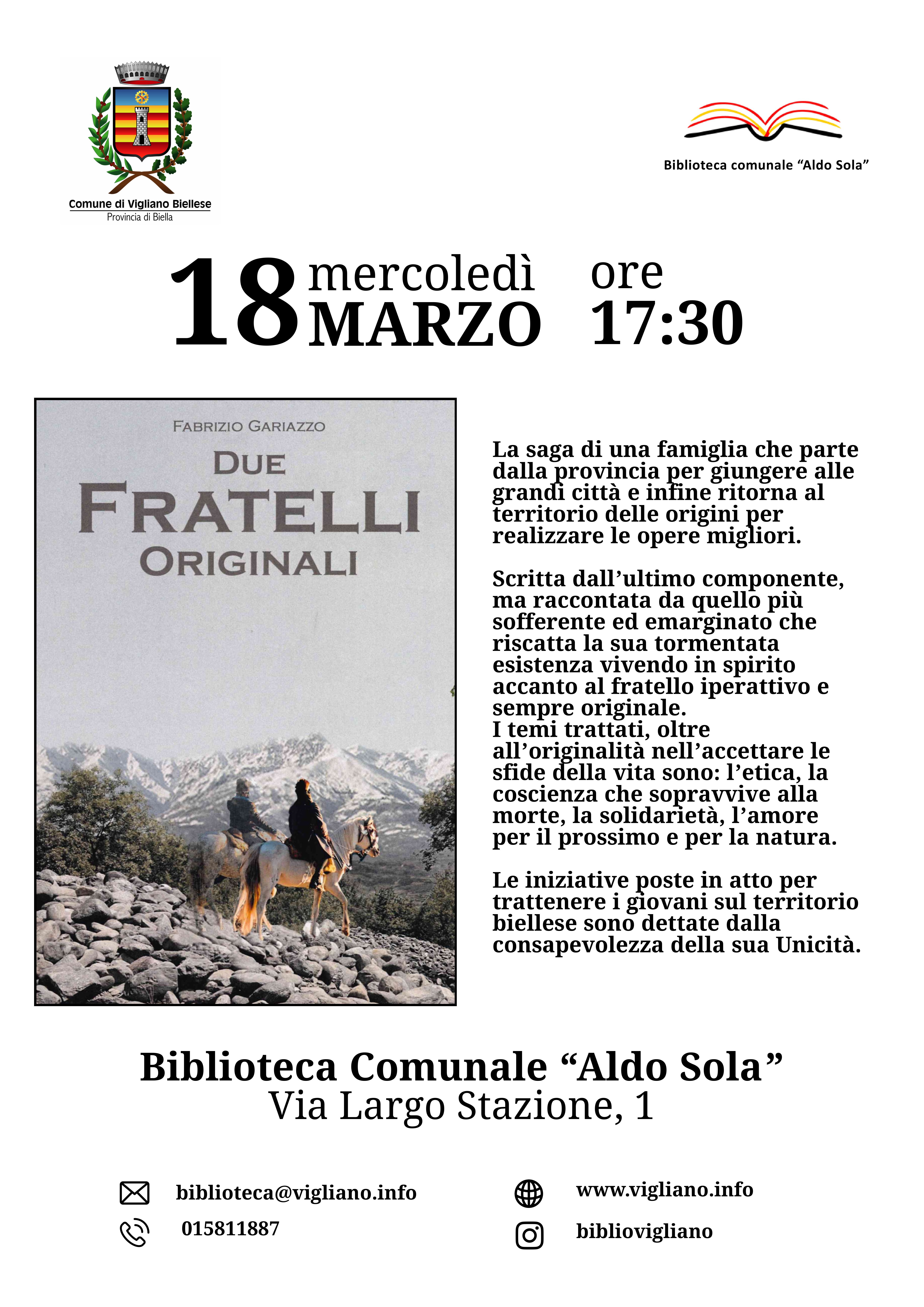Fabrizio Gariazzo, in dialogo con Vittorio Donati, presenta il suo libro "Due fratelli originali"