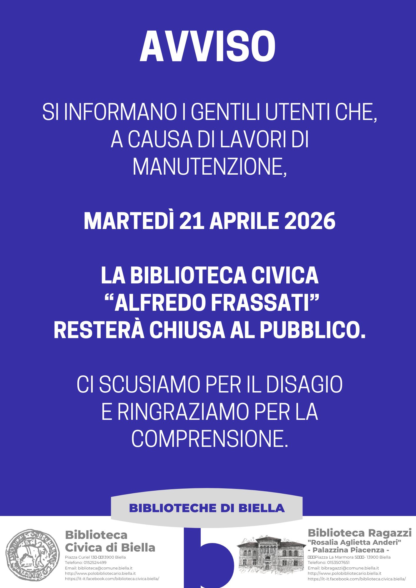Biblioteca Civica "Alfredo Frassati" di Biella - CHIUSURA STRAORDINARIA