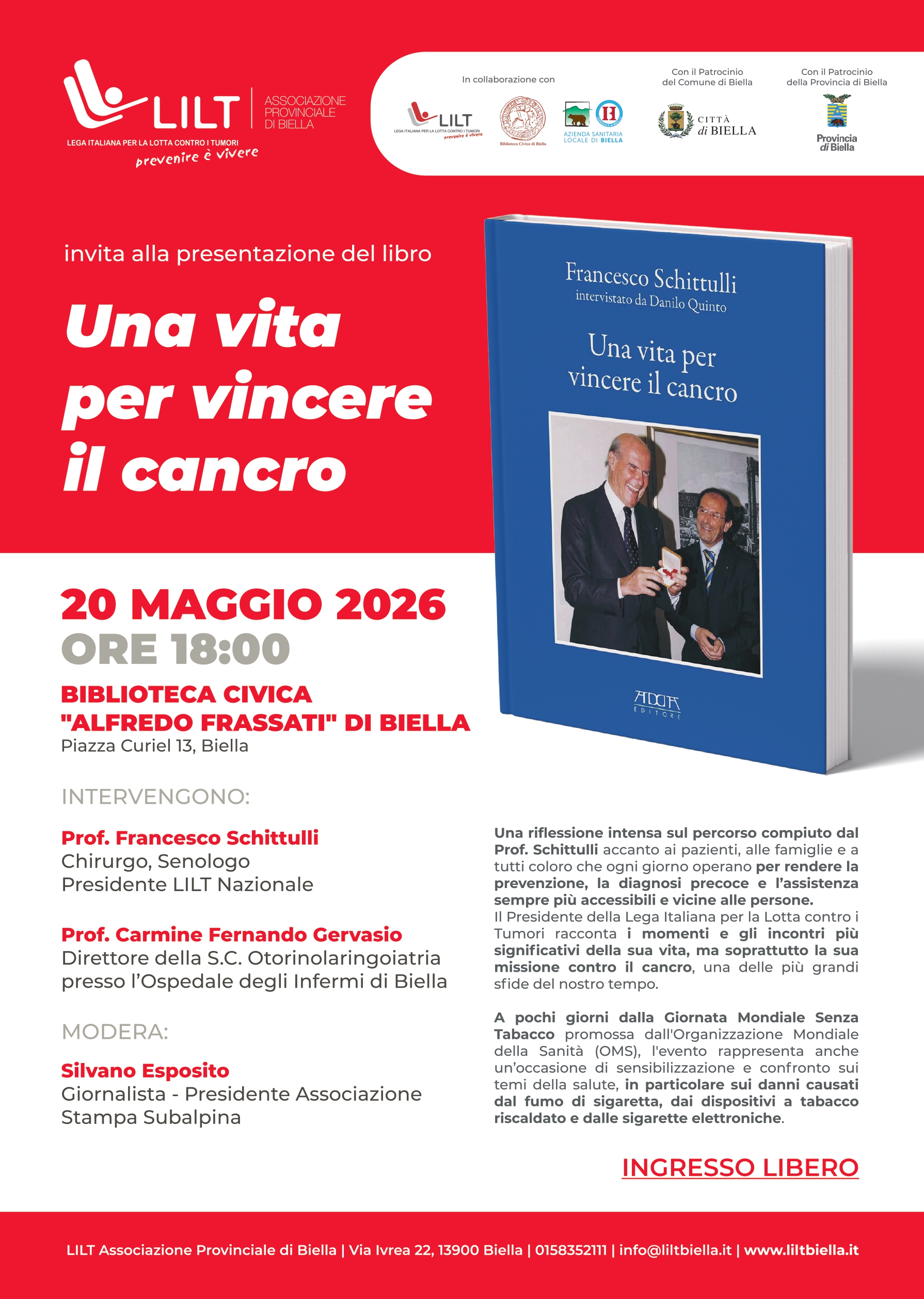 Presentazione del libro &ldquo;Una vita per vincere il cancro&rdquo; di Francesco Schittulli