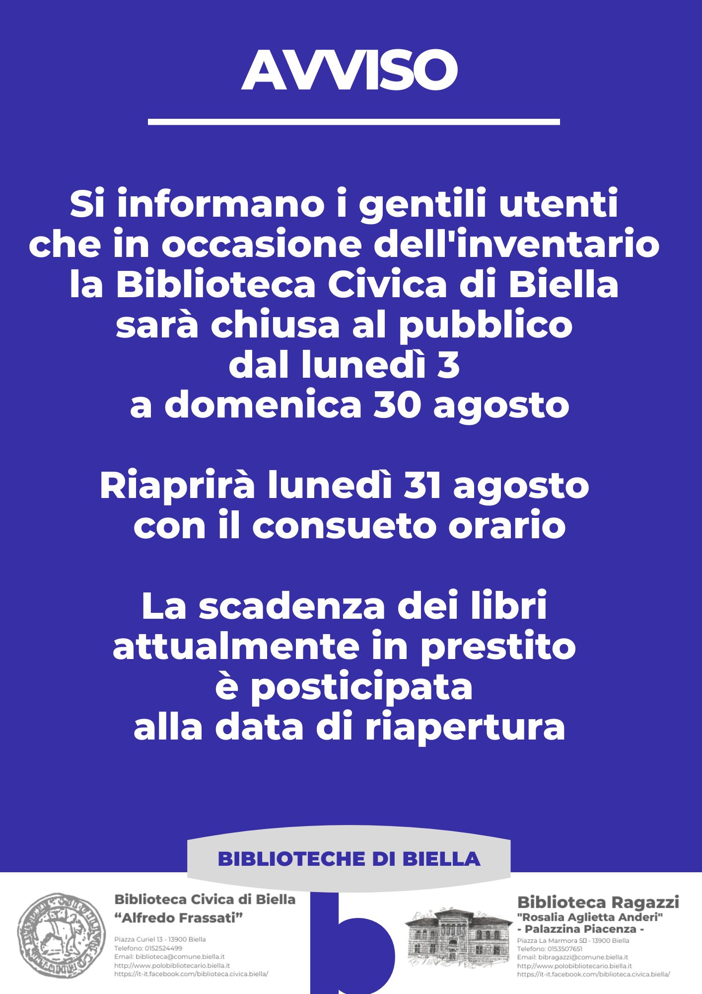 Biblioteca Civica di Biella - Chiusura per inventario