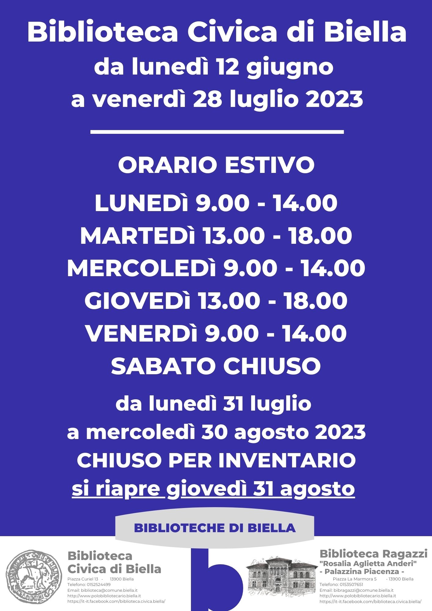 GLI ORARI ESTIVI DELLA BIBLIOTECA CIVICA DI BIELLA